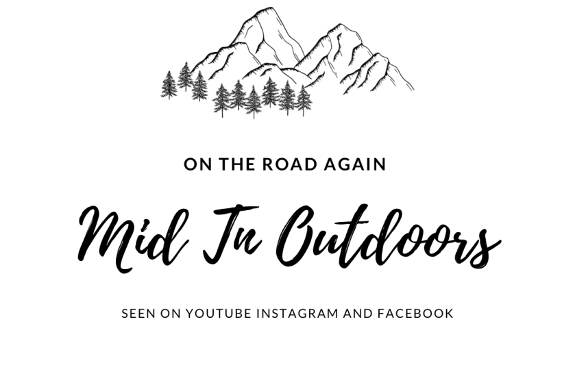 A scenic logo featuring mountains and trees with the text 'On the Road Again' and 'Mid TN Outdoors', indicating social media presence on YouTube, Instagram, and Facebook.
