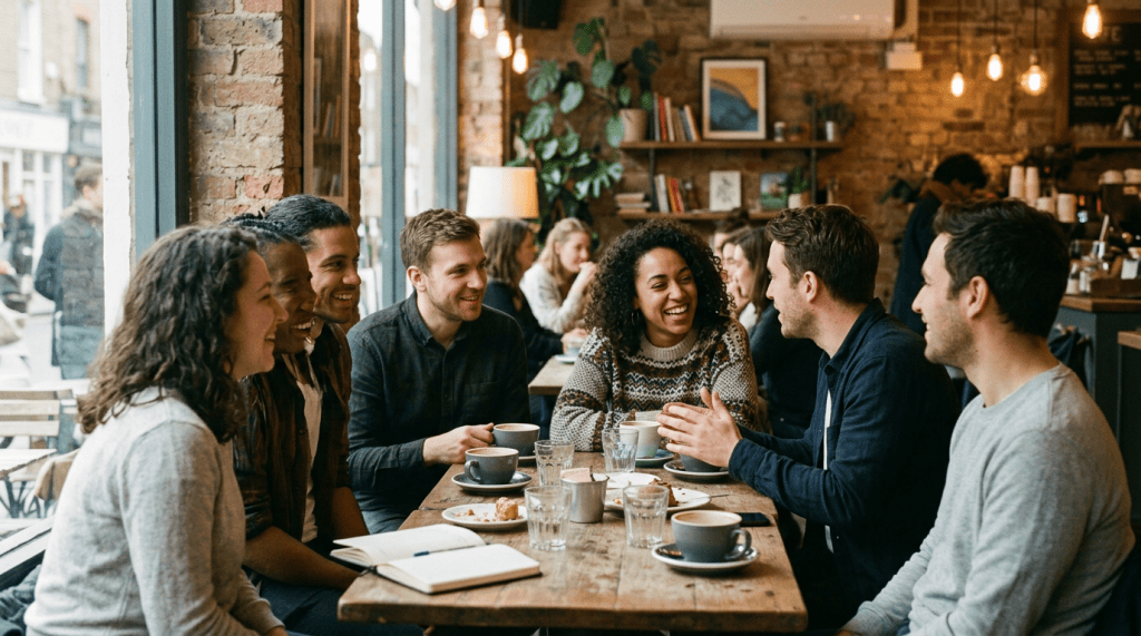 Seven friends laughing and talking together around a café table