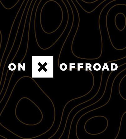 Logo featuring the words 'ON' and 'OFFROAD' with an 'X' in a white box, set against a black background with abstract topographical lines.